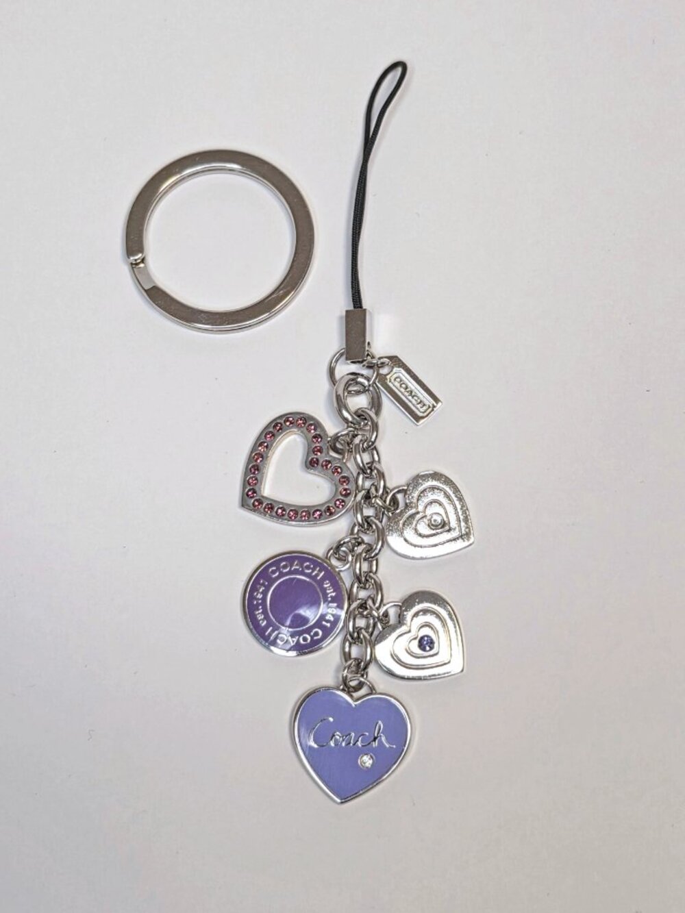 COACH Vintage Love Heart Crystal Silver Key Ring Keychain Phone or Purse Charm
